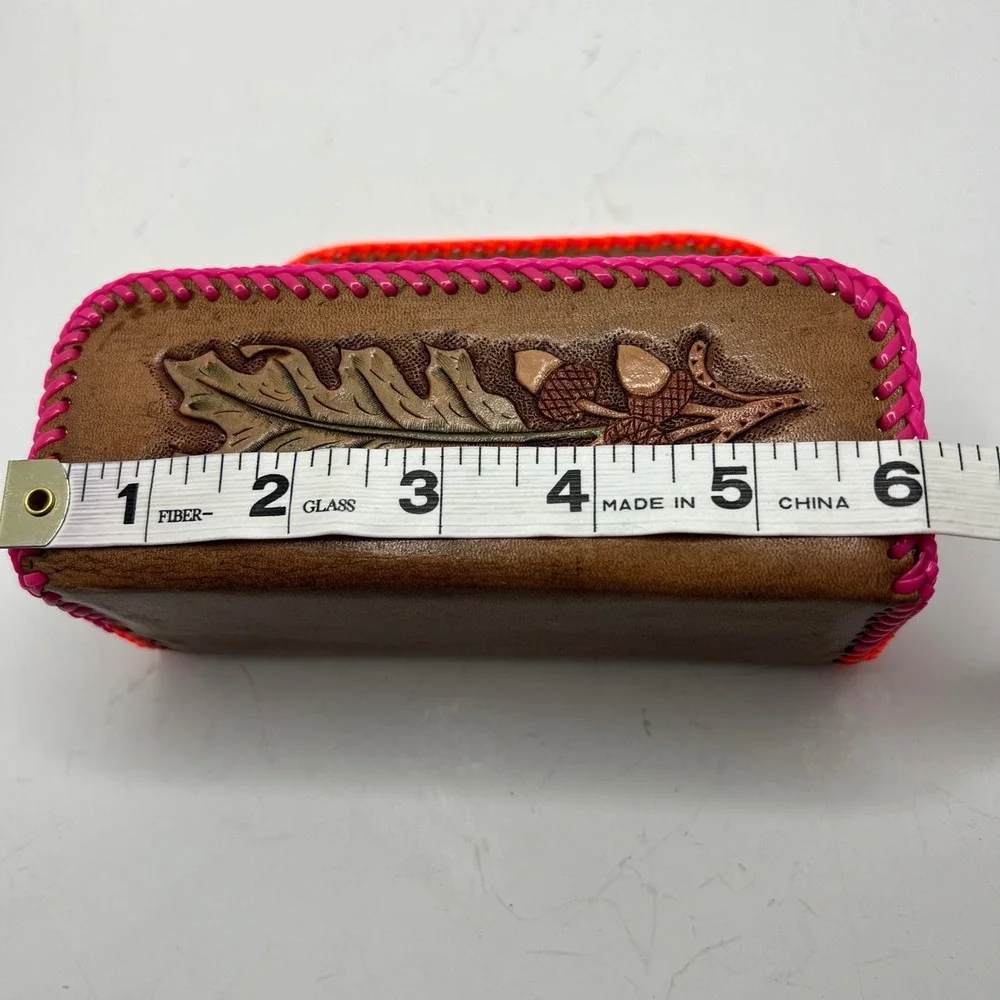Vintage‎ Hand Tooled Leather Napkin Holder Oak Maple Leaf Neon Whipstitch Rustic
